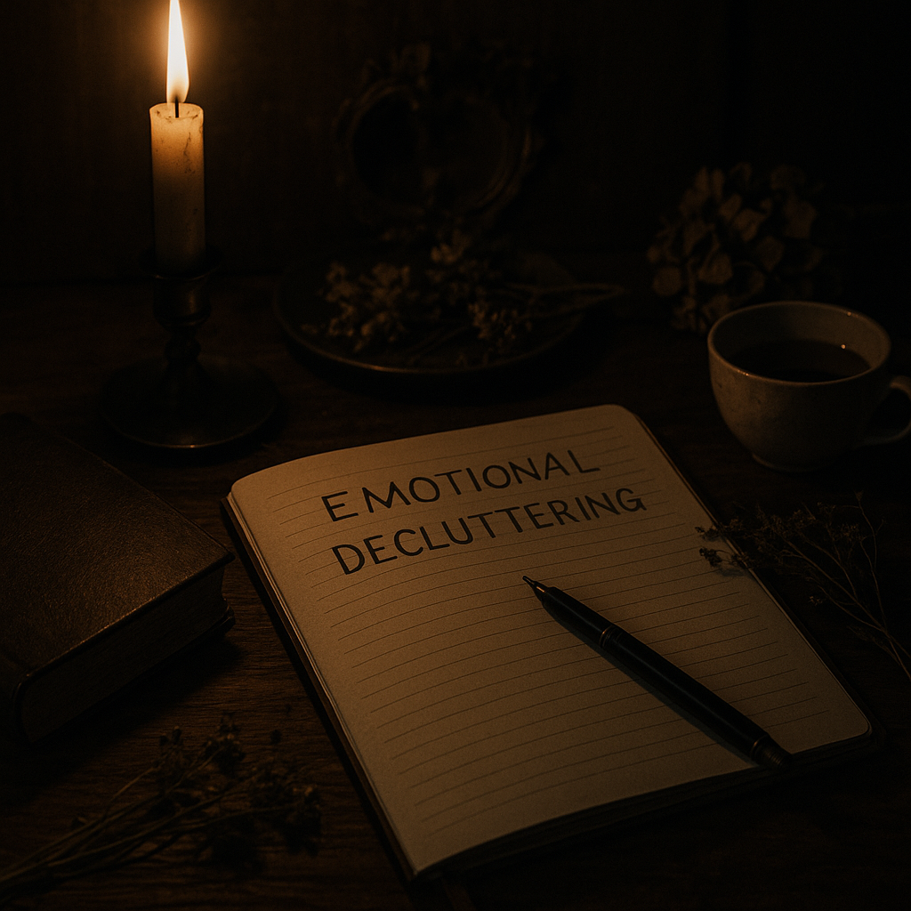 Moody dark-academia desk with candle, open journal, dried flowers, and shadowy ambiance representing emotional decluttering.