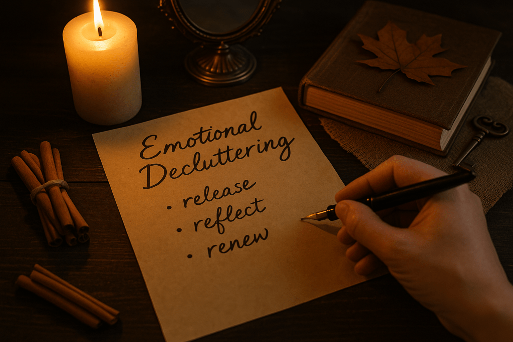 Candlelit desk with a hand writing �Emotional Decluttering� on parchment beside a candle, vintage key, cinnamon sticks, and dried leaf book.