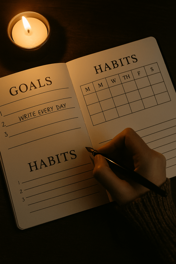 Hand writing emotional inventory in a dimly lit goals-and-habits journal beside a candle on a dark wooden desk.