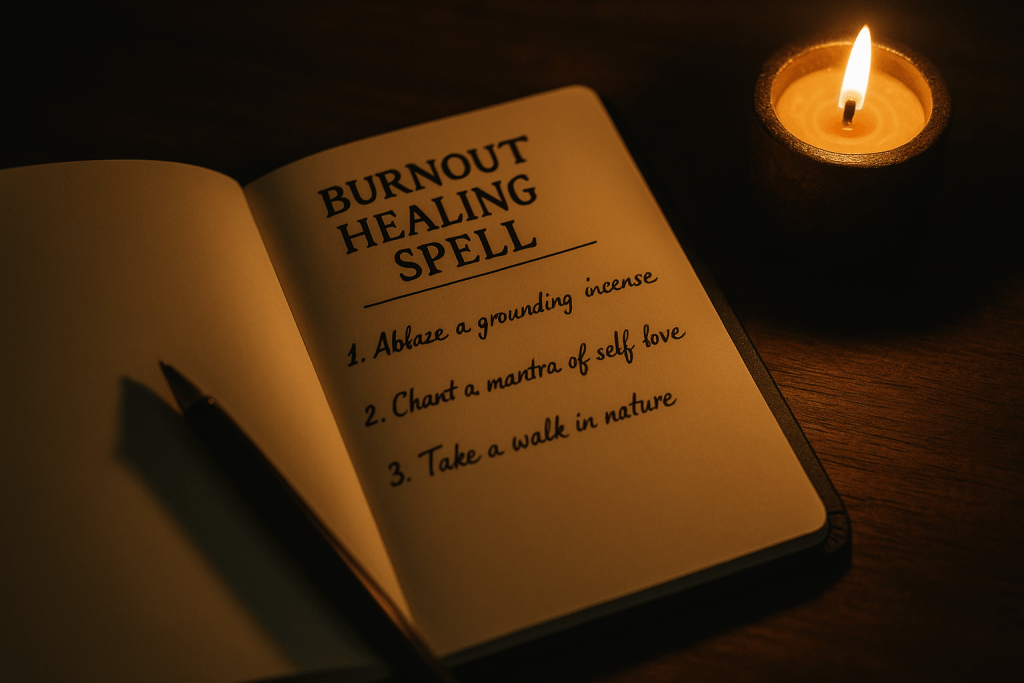 Dark desk with planner pages labeled “Essential Rituals,” “Impact Spells,” and “Illusions.”