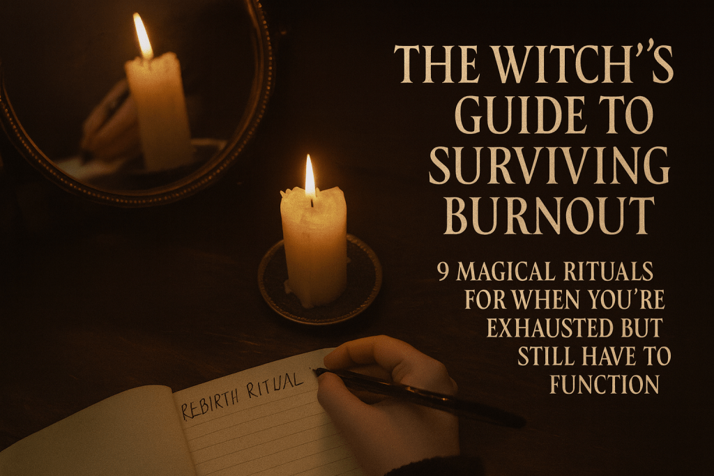 Candlelight reflecting in a mirror as a witch writes her “rebirth ritual” intentions.