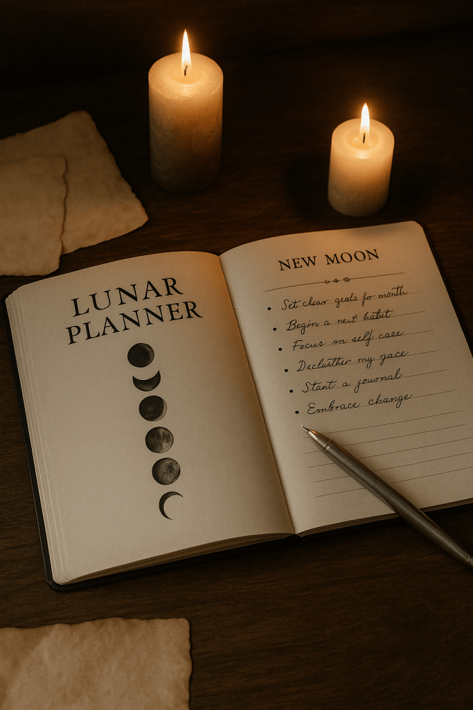Lunar planner spread showing moon phases and handwritten intentions for cyclical witchy productivity planning
