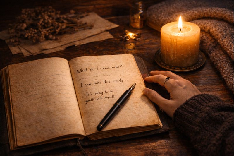 Gentle winter self-care ritual with journal and candle symbolizing slow emotional reconnection