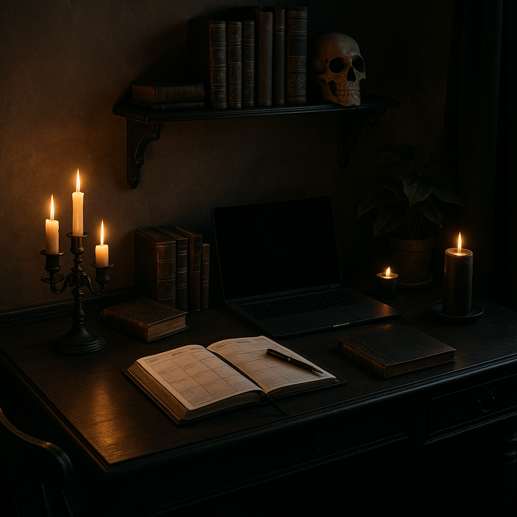 Gothic home office with black desk, candles, vintage books, planner, and laptop in a cozy haunted dark academia workspace
