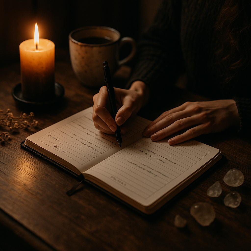 Woman journaling by candlelight with planner, tea, and crystals as part of a witchy ritual-based productivity routine
