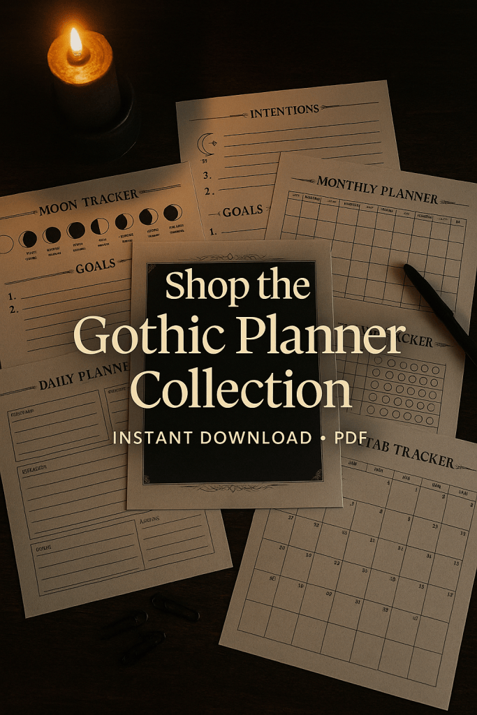 Gothic planner printables and moon tracker pages displayed on a candlelit desk promoting instant download PDF collection

