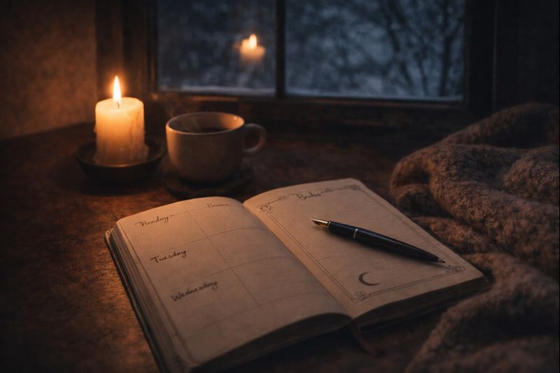 Cozy winter desk with planner and candle representing seasonal productivity rhythms and gentle motivation