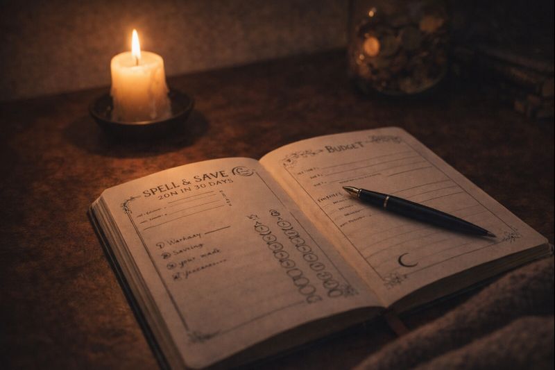 Witchy budget planner and candle showing calm financial planning as part of a dopamine reset and burnout recovery