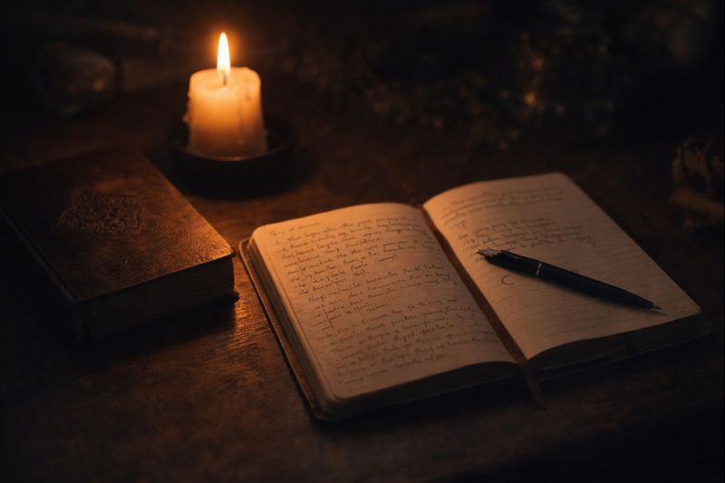 Candlelit witchy desk with an open planner and journal used for a gentle dopamine reset and burnout recovery productivity ritual