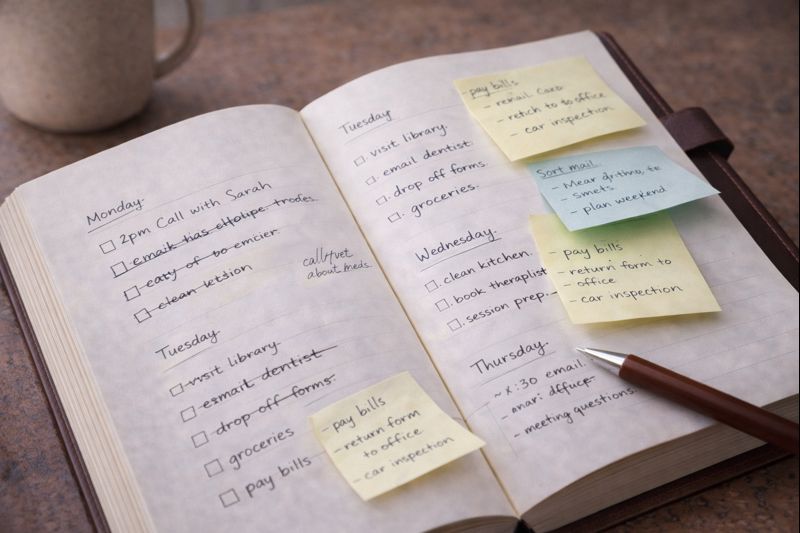 Planner overcrowded with notes showing emotional overload and limited capacity
