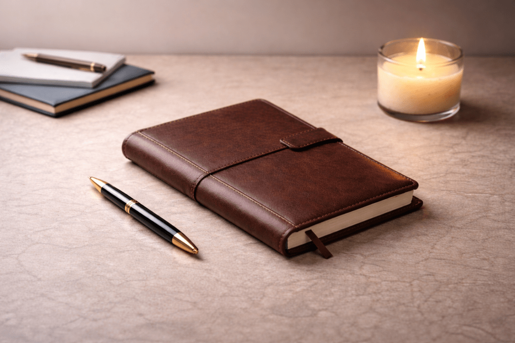 Closed leather planner and candle on a minimal desk representing scale overwhelm and contained ambition