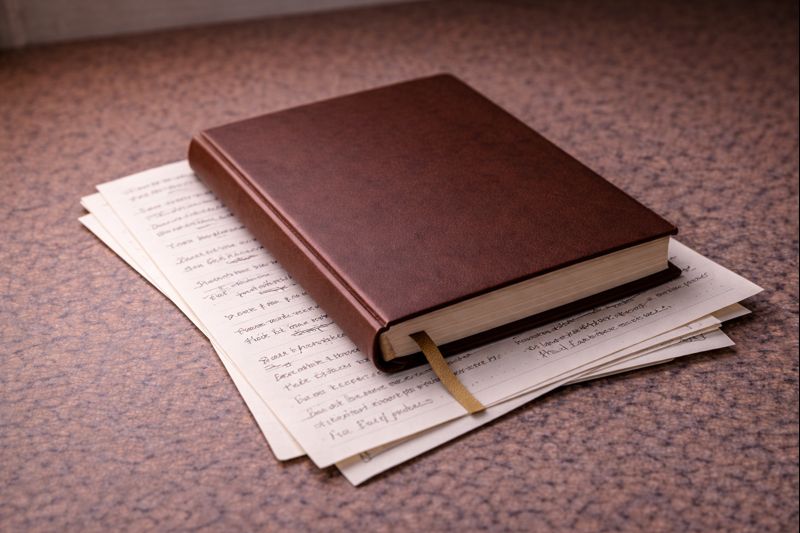 Closed notebook resting on written pages representing the emotional weight of beginning tasks