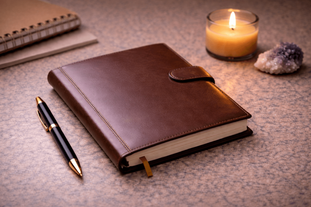 Closed notebook and candle representing permission-based productivity without pressure