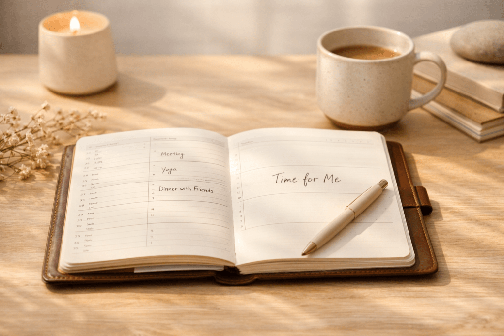 Closed leather planner resting peacefully on desk symbolizing grounded control.