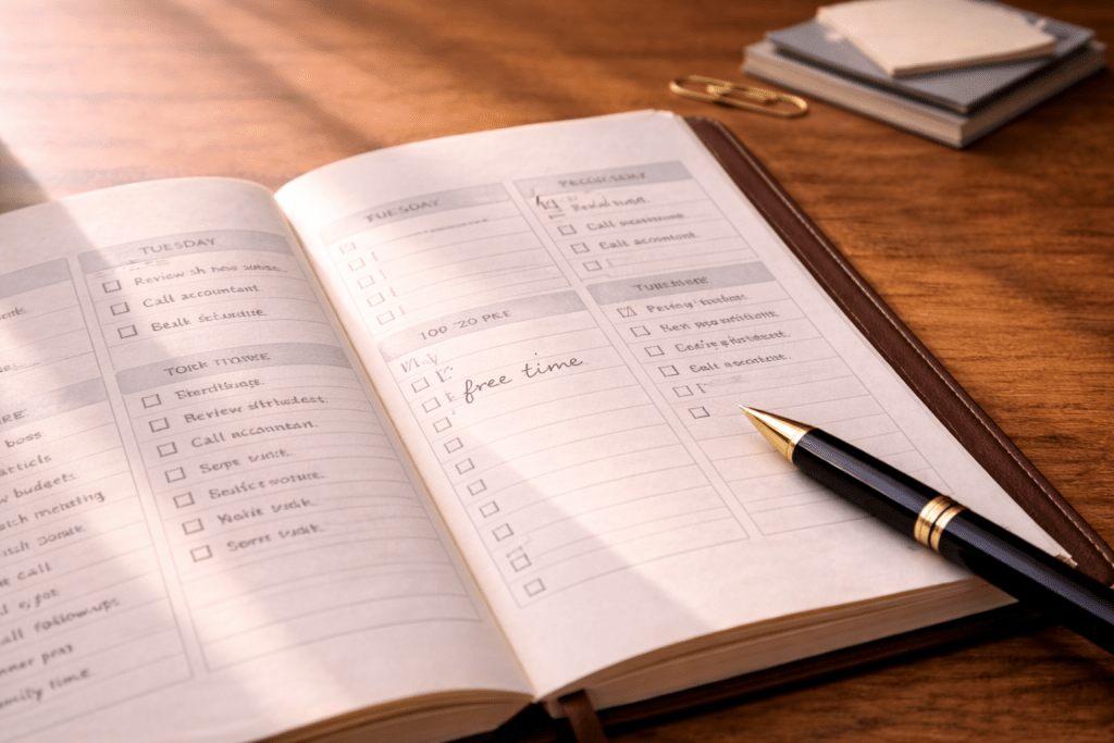 Planner with open unscheduled time block representing flexibility.