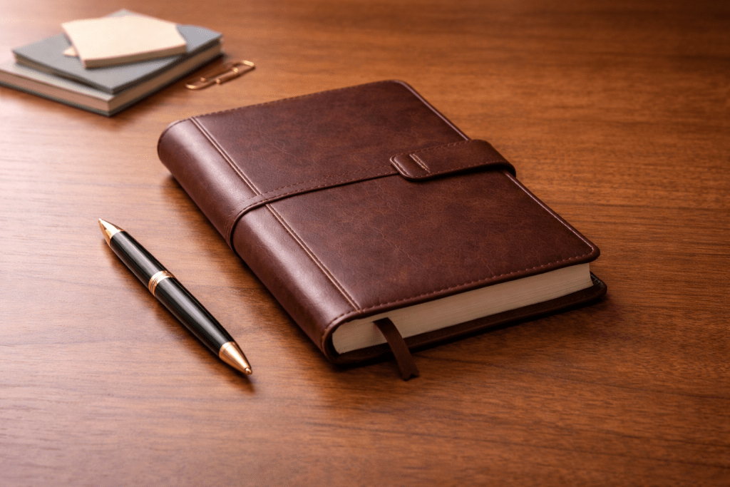 Closed brown leather planner on wooden desk representing control and organization.