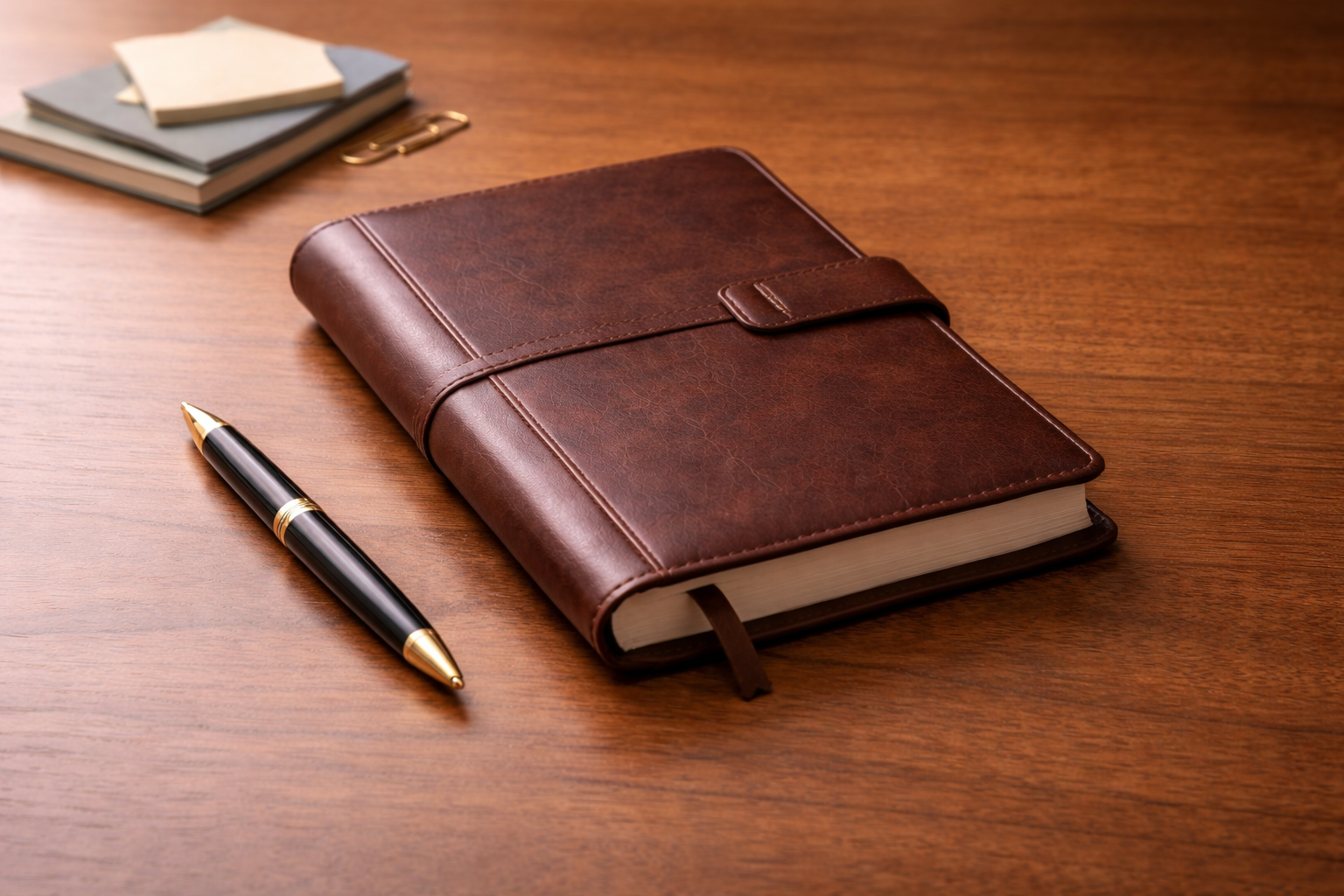 Closed brown leather planner on wooden desk representing control and organization.