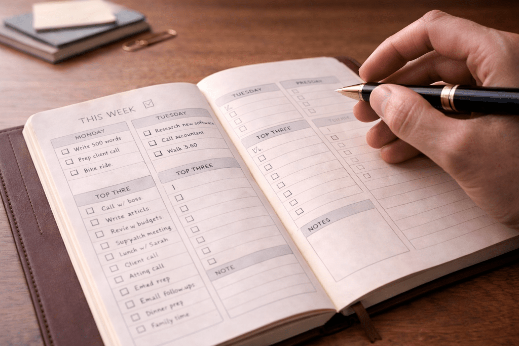 Hand hovering over planner page symbolizing uncertainty despite planning.