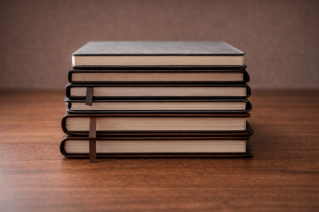 Stack of perfectly aligned planners showing rigid structure.