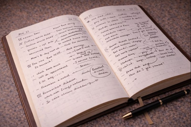 Planner filled with tight writing representing pressure and emotional weight around starting tasks