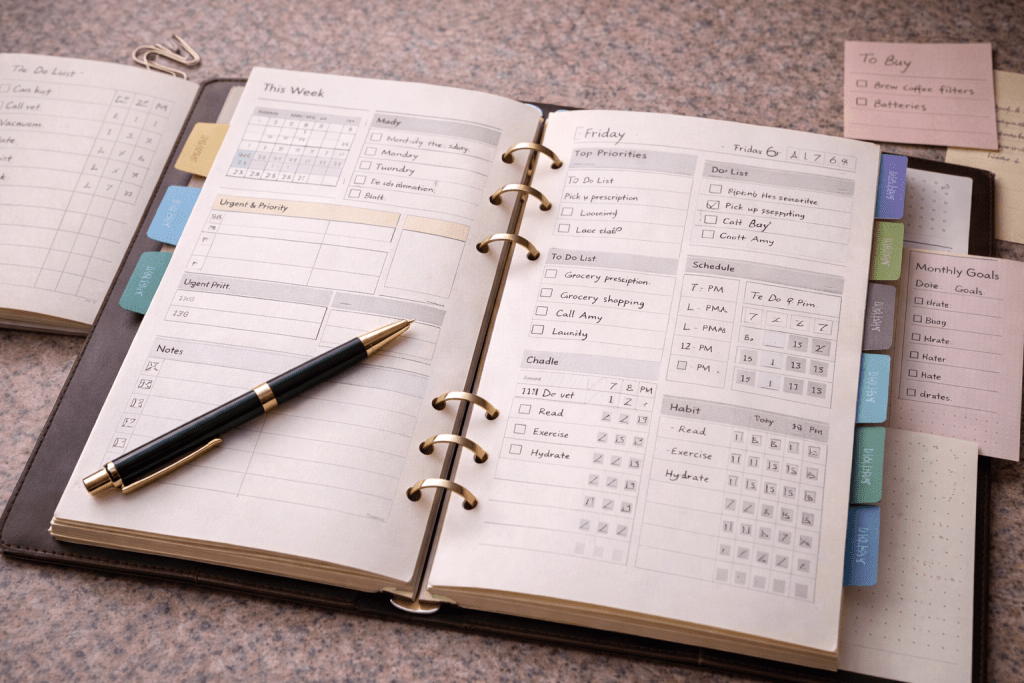 Planner with many sections showing overwhelm caused by too many planning choices