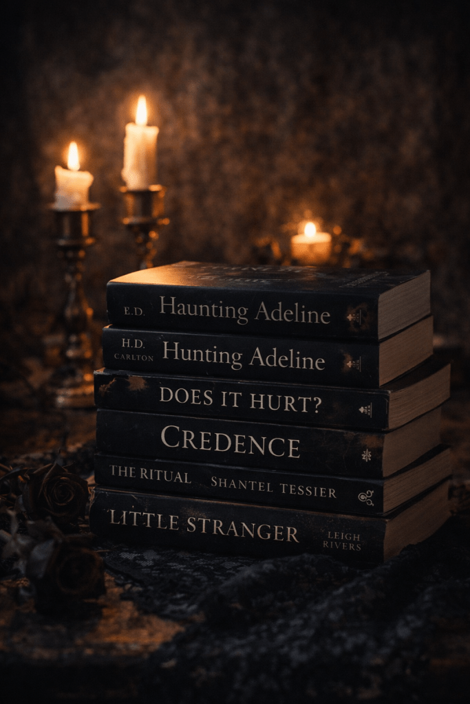 Stack of dark romance books recommended for fans of Haunting Adeline