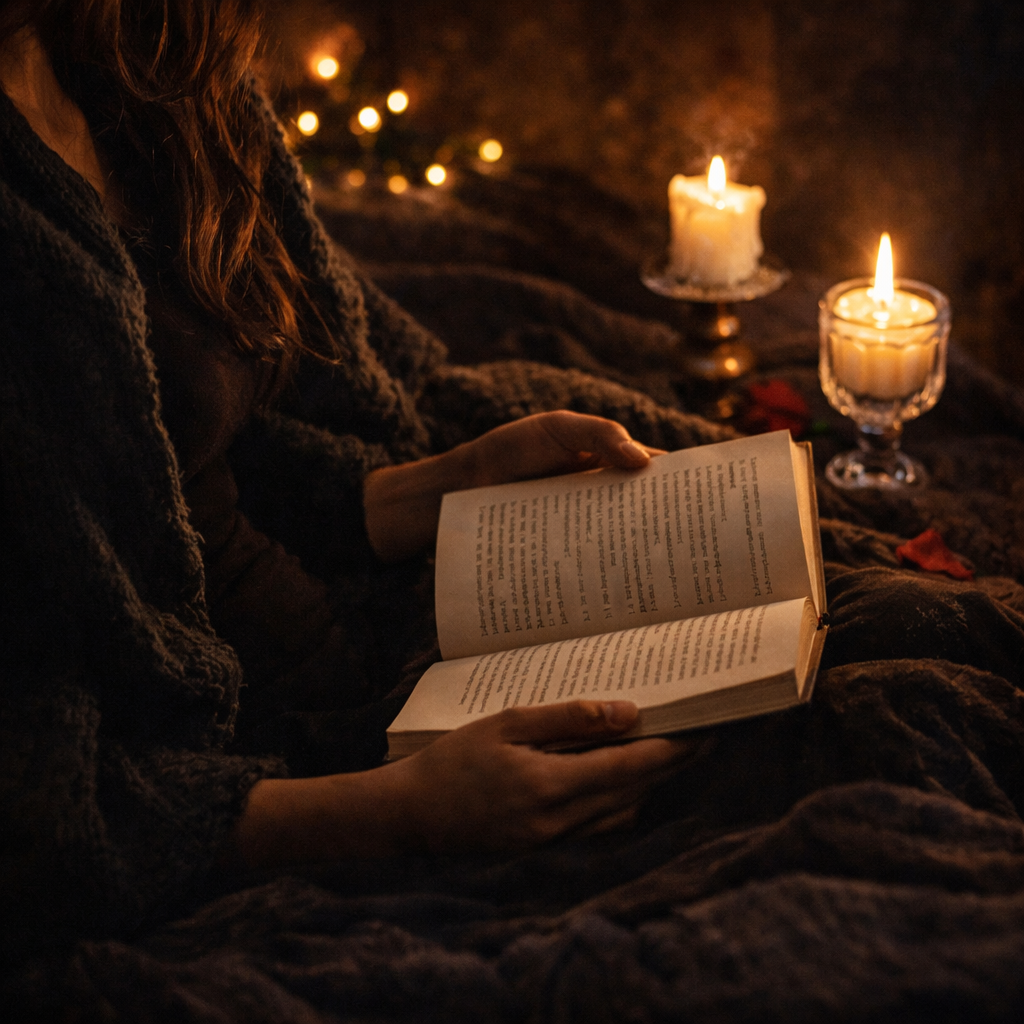 cozy dark romance reading aesthetic woman reading book candlelight soft dark romance vibe