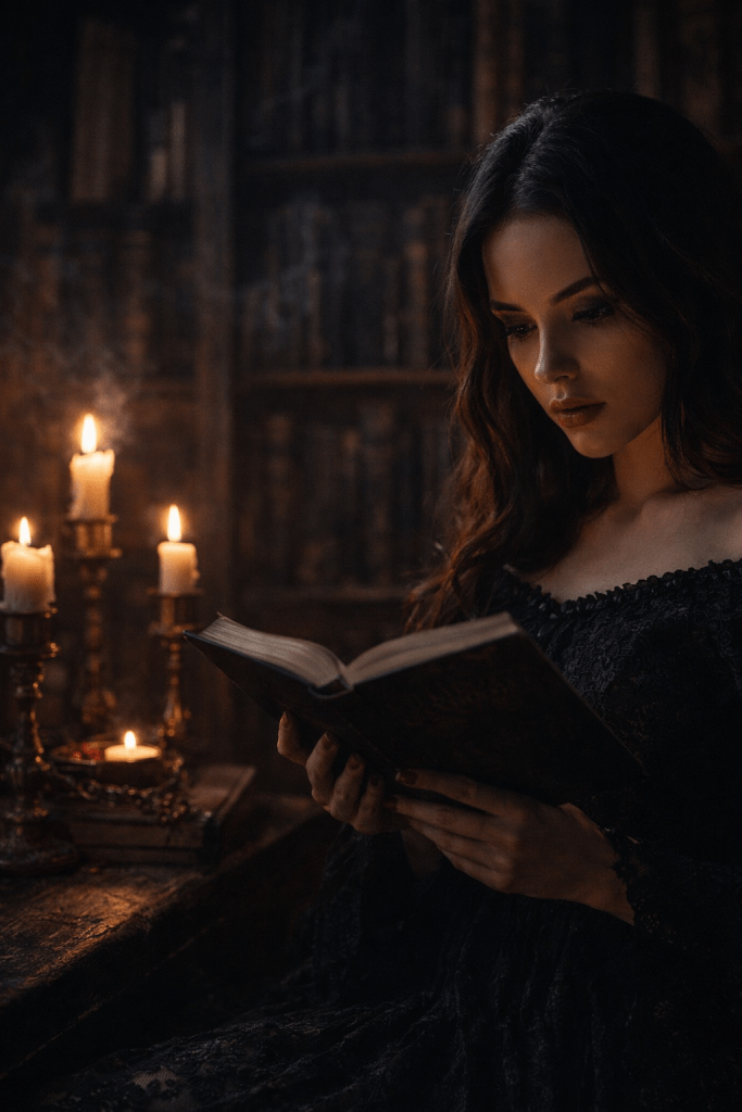 Woman reading dark romance book in candlelight gothic setting