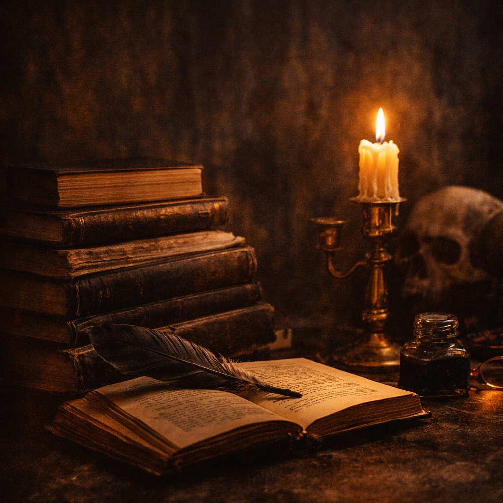 Stack of dark romance books with candlelight in gothic cozy aesthetic