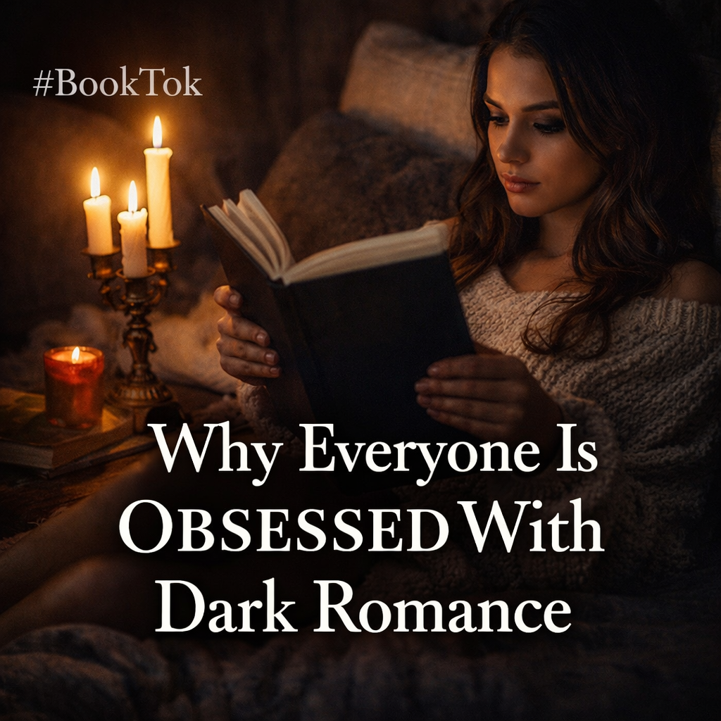 Dark romance reading aesthetic showing cozy night reading with candlelight and viral booktok vibe