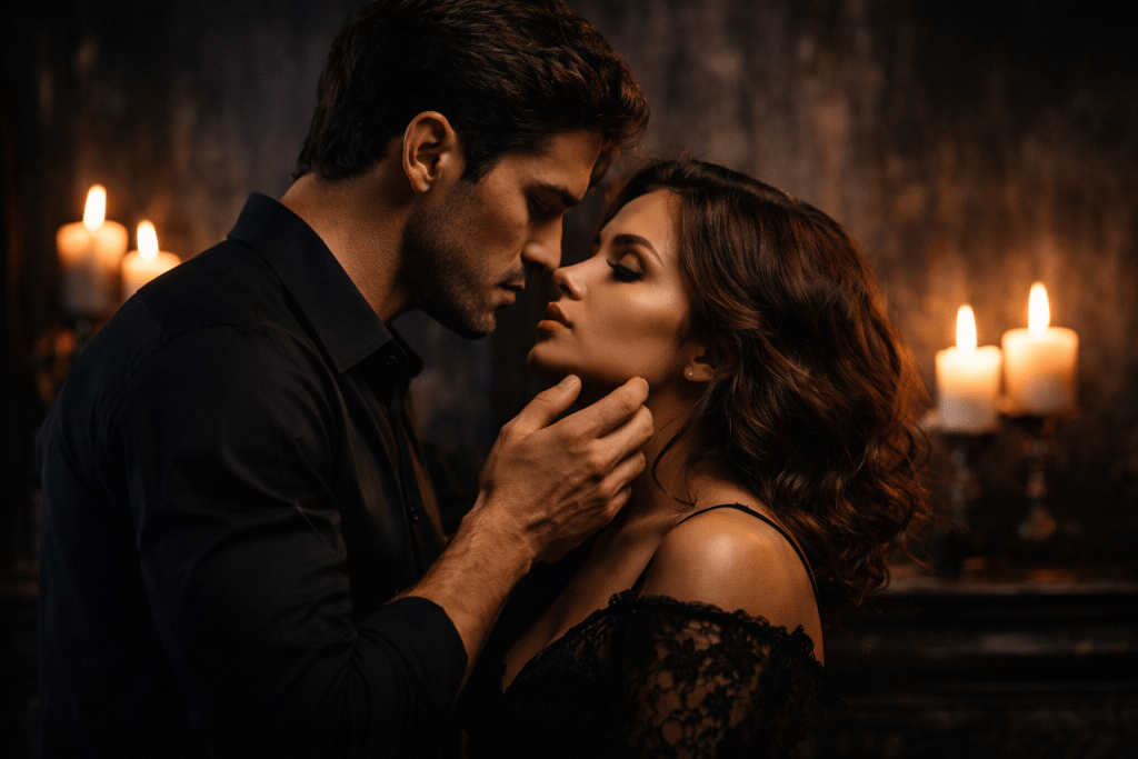 Dark romance couple representing possessive male lead romance books