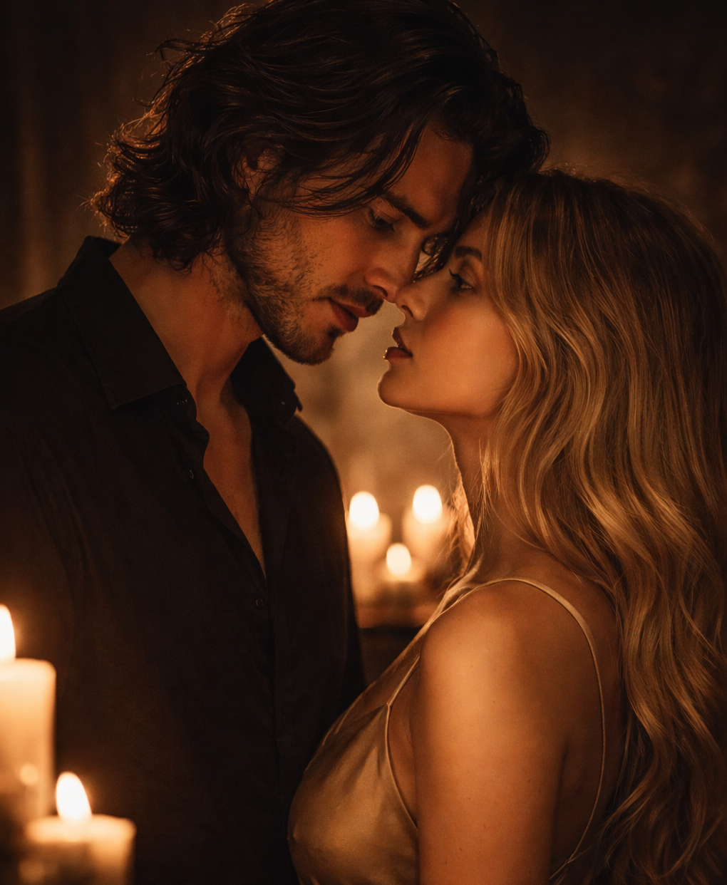 Slow burn age gap romance couple in candlelight – dark romantic tension