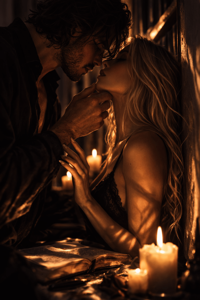 Slow burn romantic tension scene with age gap couple in low light