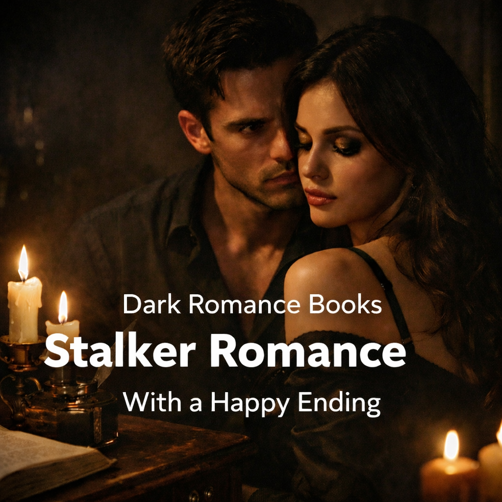 Dark romance books with stalking and happy ending aesthetic, obsessive love moody couple