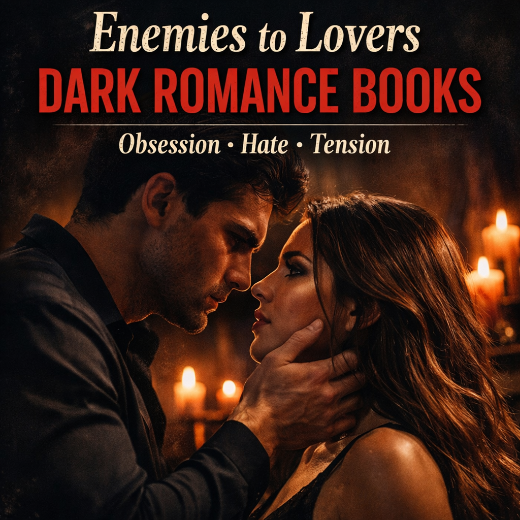 Enemies to lovers dark romance couple with intense tension and dark aesthetic lighting