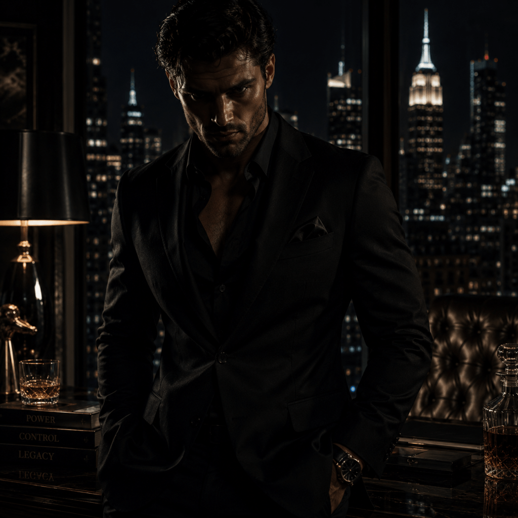 Possessive billionaire alpha male with intense gaze in dark luxury setting