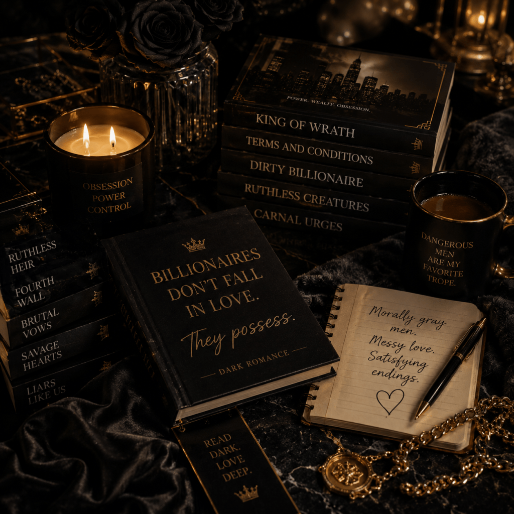 Dark romance reading aesthetic with candlelight and luxury black gold theme