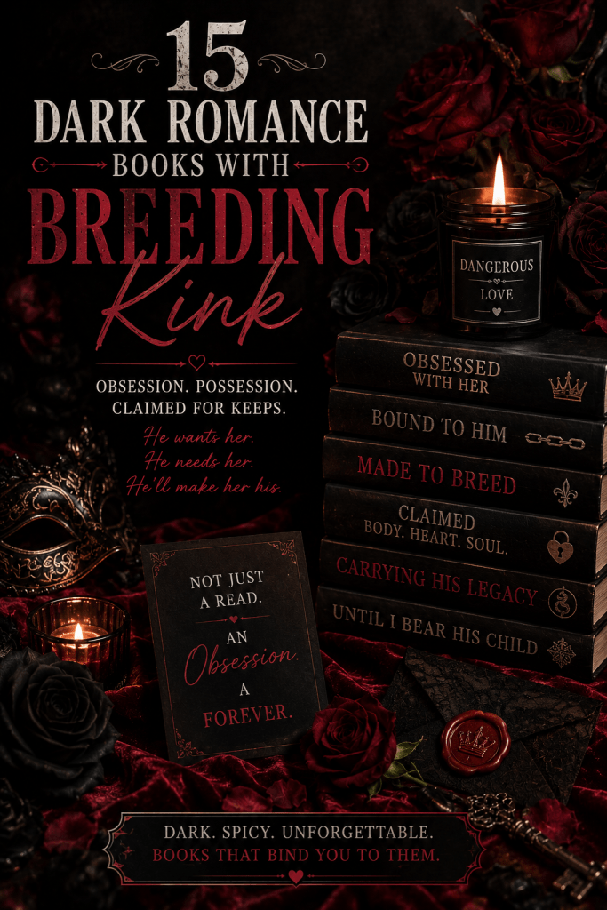 Breeding kink dark romance reading list with gothic candles, stacked books, red velvet, and spicy dark romance atmosphere