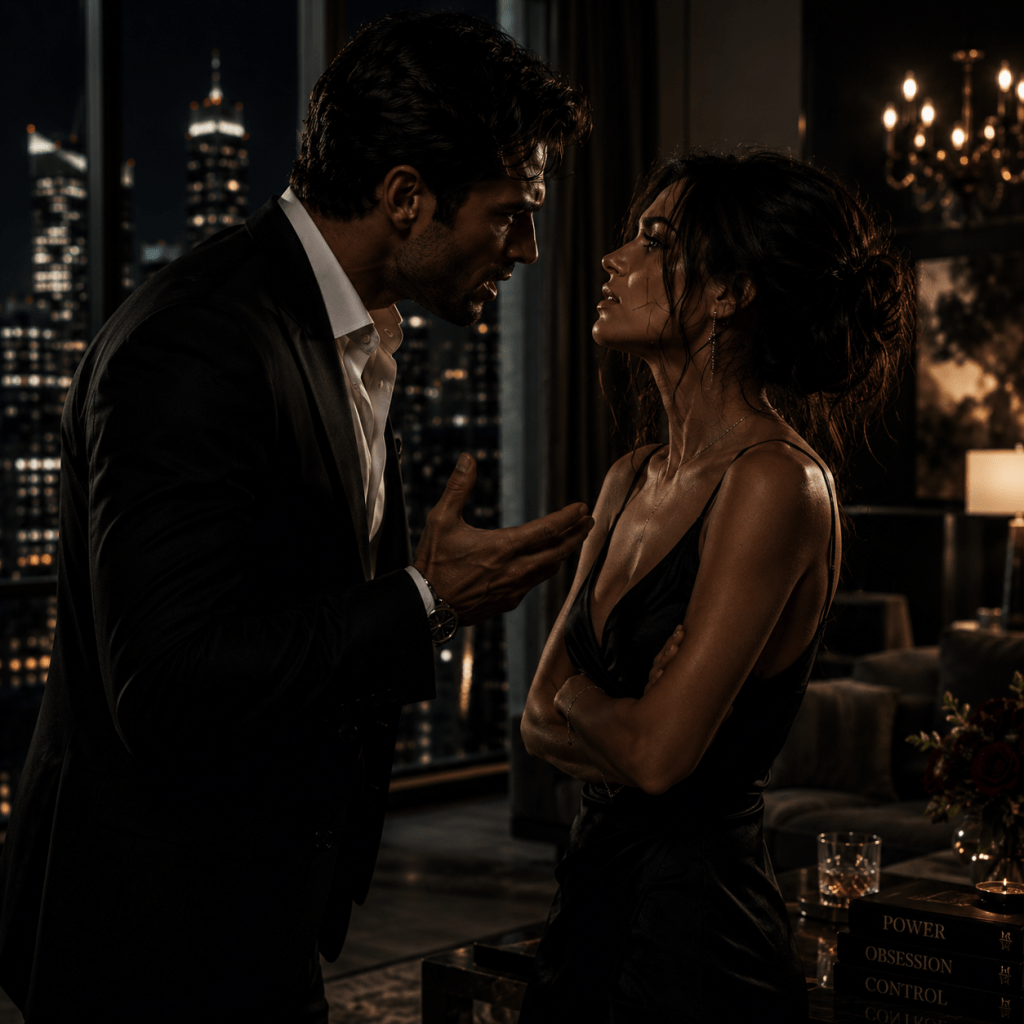 Dark romance couple in emotional tension with possessive billionaire dynamic
