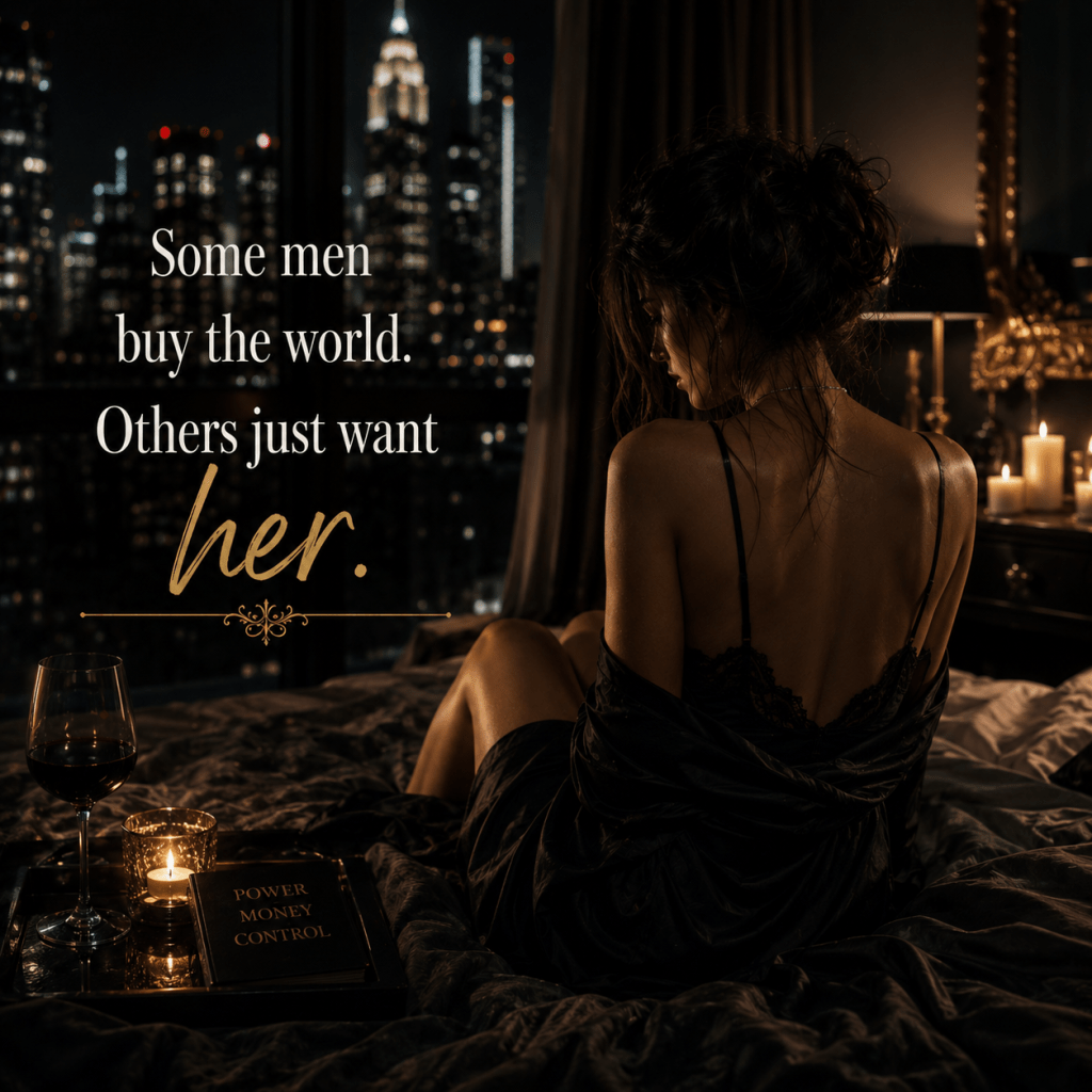 Dark romance heroine alone in luxury setting with emotional tension and candlelight mood