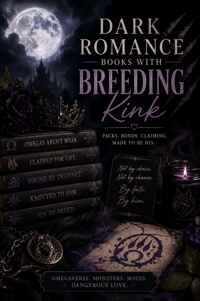 Dark fantasy romance aesthetic with moonlight, gothic books, claw-mark shadows, and supernatural breeding kink romance mood