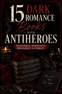 Pinterest graphic for best dark romance books with antiheroes featuring black books, roses, candlelight, and bold gothic text.