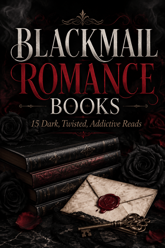 Stack of dark romance books with black roses, sealed letters, and moody red and black aesthetic for blackmail romance books list
