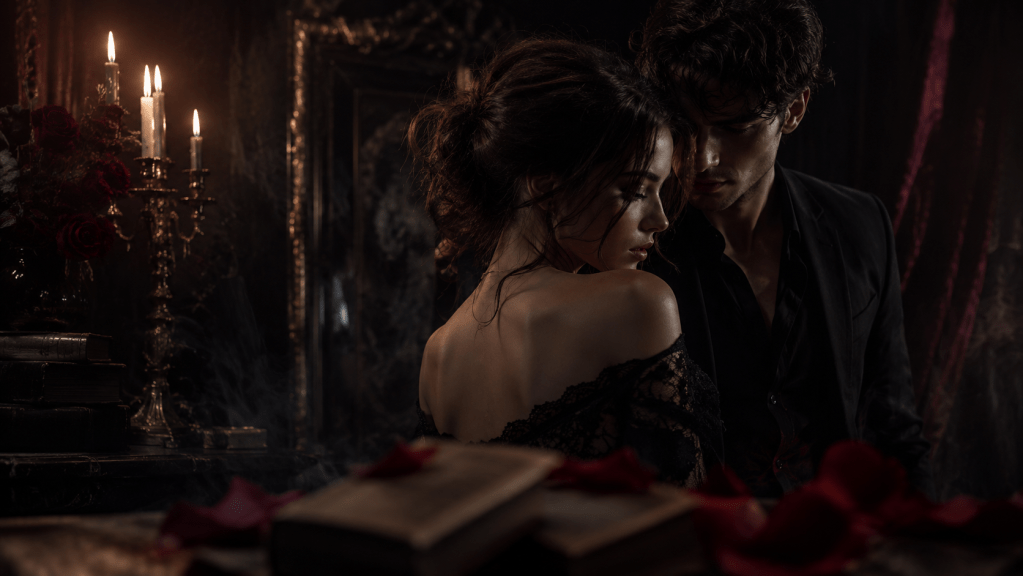 Dark romance aesthetic with a brooding man in shadow, a tense couple, red and black tones, and moody lighting for a books like Cluster blog post