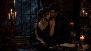 Gothic dark romance aesthetic with candles, stormy atmosphere, roses, and a mysterious romantic mood