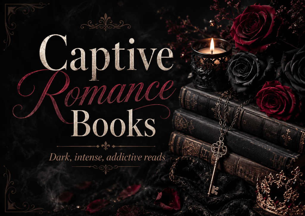 Dark moody captive romance books reading list with gothic shadows, roses, and dramatic romance atmosphere