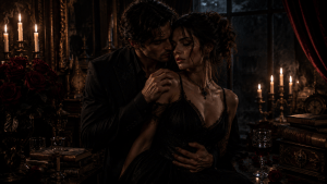 Dark romance themed image with intense emotional tension, elegant gothic styling, and chaotic romantic energy