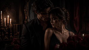 Moody dark romance image featuring an obsessive hero vibe, dramatic shadows, and dangerous chemistry