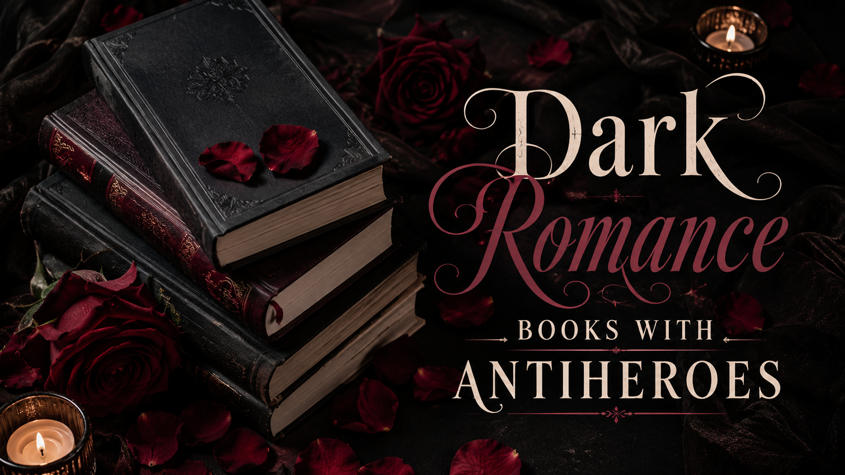 Dark romance books with antiheroes featuring a moody black-and-red book flat lay with roses, shadows, and dramatic lighting.