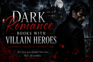 Dark romance books with villain heroes featuring a shadowy gothic mansion, red roses, and a dangerous mysterious man in the background